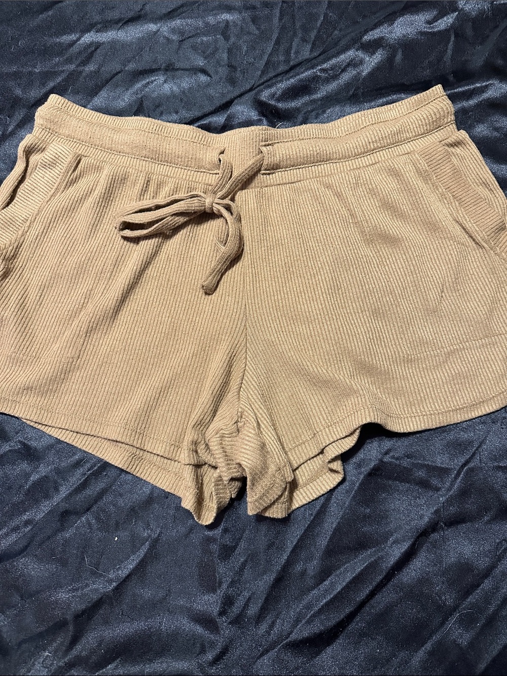 Ribbed Drawstring Athletic Shorts in Tan